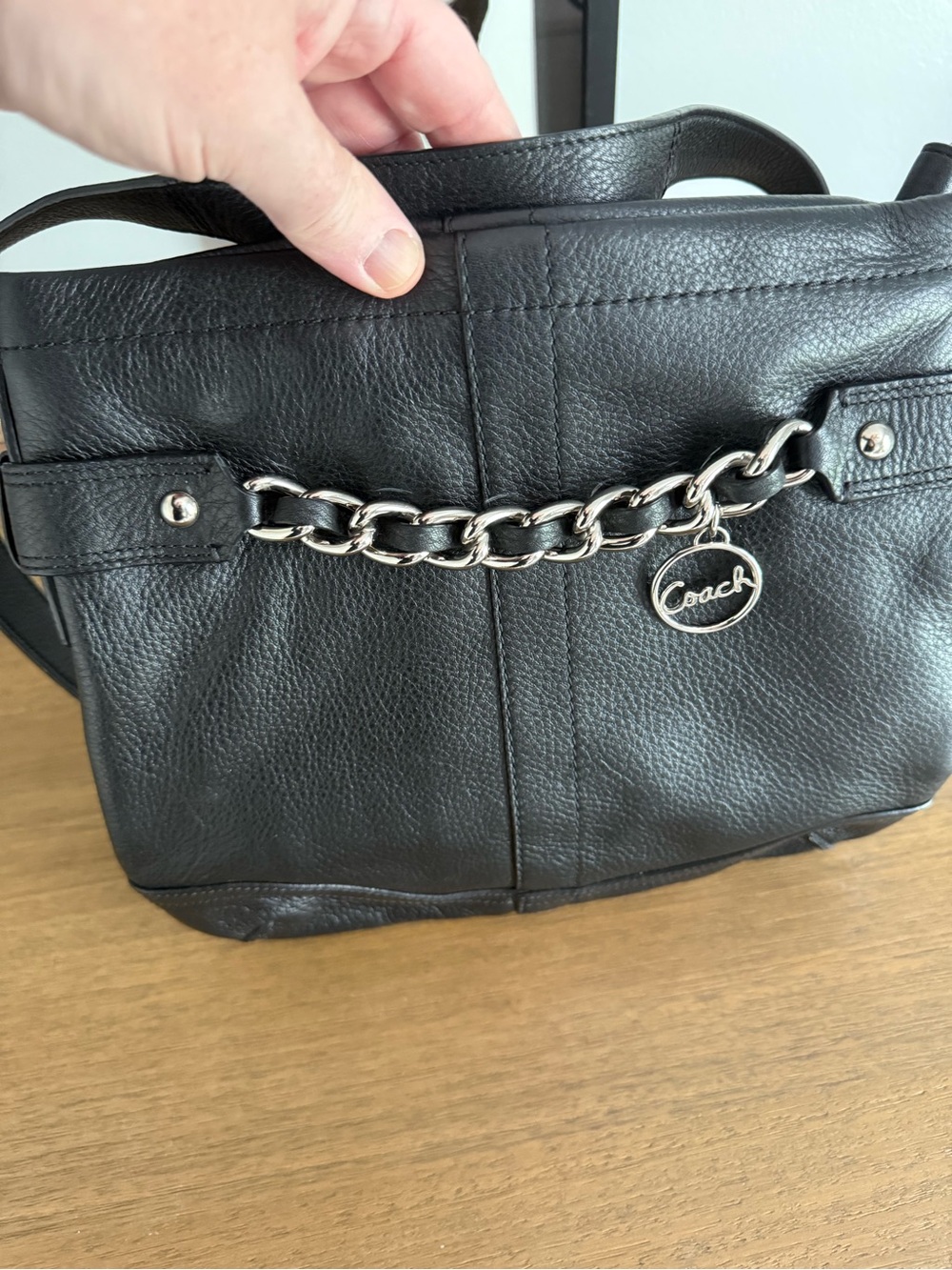 Coach Black Pebbled Leather Shoulder Bag with Silver Chain